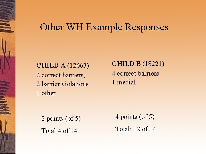 Other WH Example Responses CHILD A (12663) 2 correct barriers, 2 barrier violations 1