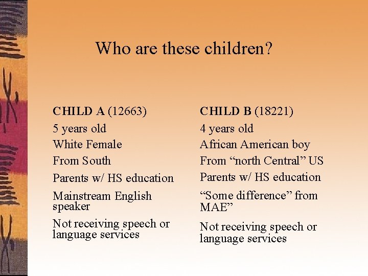 Who are these children? CHILD A (12663) 5 years old White Female From South