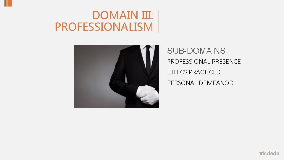 DOMAIN III: PROFESSIONALISM SUB-DOMAINS PROFESSIONAL PRESENCE ETHICS PRACTICED PERSONAL DEMEANOR #lcdedu DOMAIN III: PROFESSIONALISM SUB-DOMAINS PROFESSIONAL PRESENCE ETHICS PRACTICED PERSONAL DEMEANOR #lcdedu