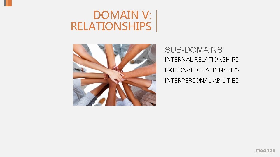 DOMAIN V: RELATIONSHIPS SUB-DOMAINS INTERNAL RELATIONSHIPS EXTERNAL RELATIONSHIPS INTERPERSONAL ABILITIES #lcdedu DOMAIN V: RELATIONSHIPS SUB-DOMAINS INTERNAL RELATIONSHIPS EXTERNAL RELATIONSHIPS INTERPERSONAL ABILITIES #lcdedu