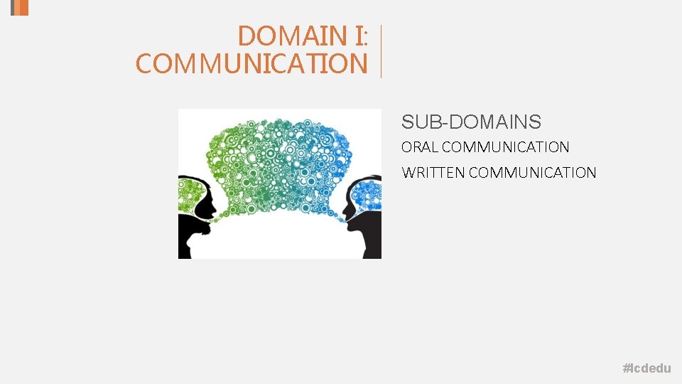 DOMAIN I: COMMUNICATION SUB-DOMAINS ORAL COMMUNICATION WRITTEN COMMUNICATION #lcdedu DOMAIN I: COMMUNICATION SUB-DOMAINS ORAL COMMUNICATION WRITTEN COMMUNICATION #lcdedu
