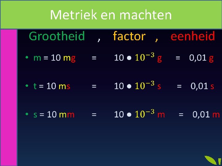 Metriek en machten Grootheid , factor , eenheid • 