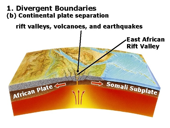 1. Divergent Boundaries (b) Continental plate separation rift valleys, volcanoes, and earthquakes East African
