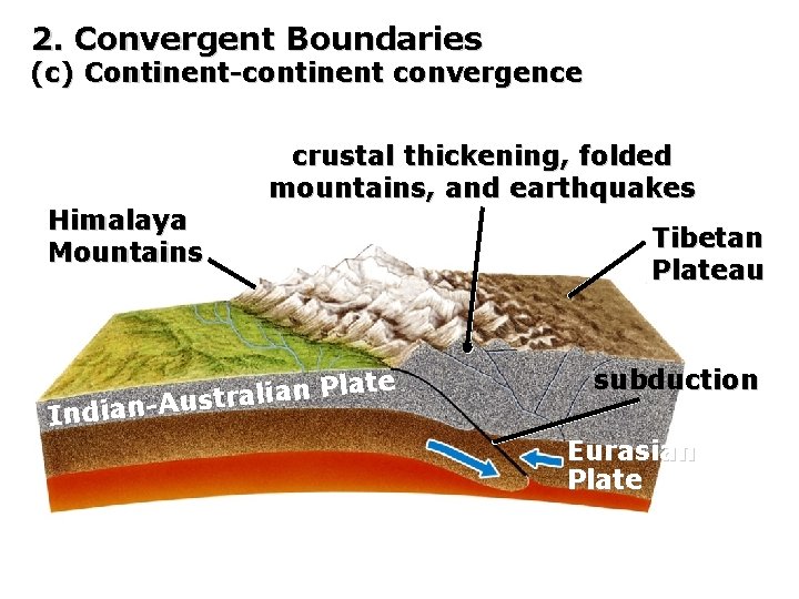 2. Convergent Boundaries (c) Continent-continent convergence Himalaya Mountains crustal thickening, folded mountains, and earthquakes
