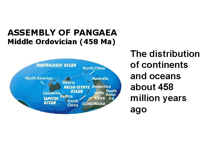 ASSEMBLY OF PANGAEA Middle Ordovician (458 Ma) The distribution of continents and oceans about