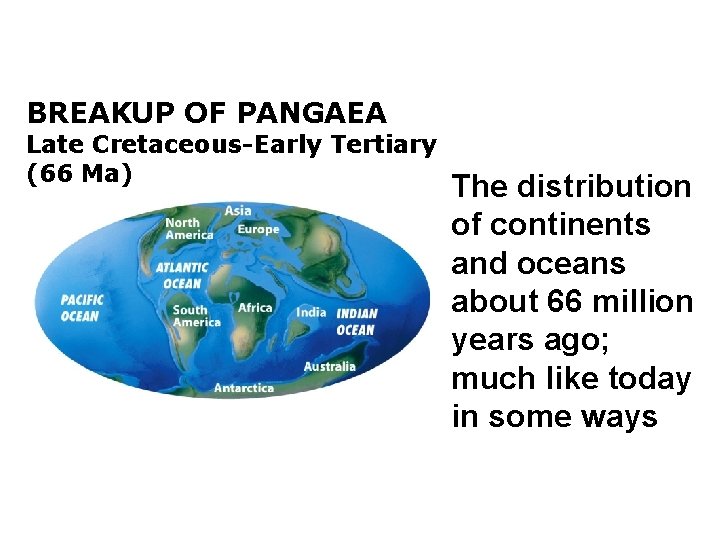 BREAKUP OF PANGAEA Late Cretaceous-Early Tertiary (66 Ma) The distribution of continents and oceans