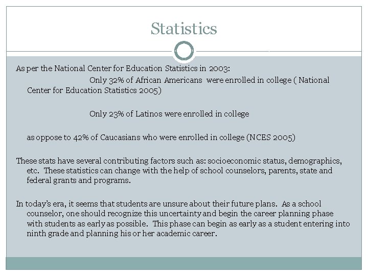 Statistics As per the National Center for Education Statistics in 2003: Only 32% of