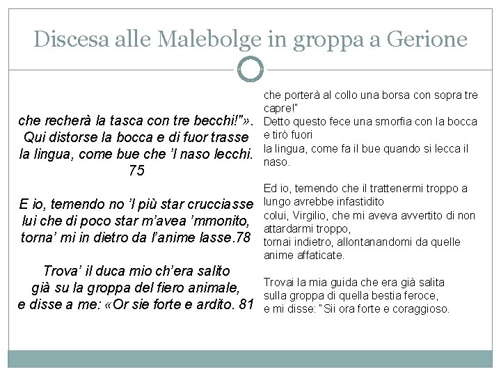 Discesa alle Malebolge in groppa a Gerione che recherà la tasca con tre becchi!"»