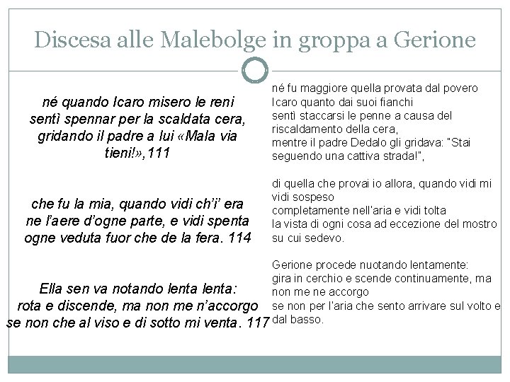 Discesa alle Malebolge in groppa a Gerione né quando Icaro misero le reni sentì