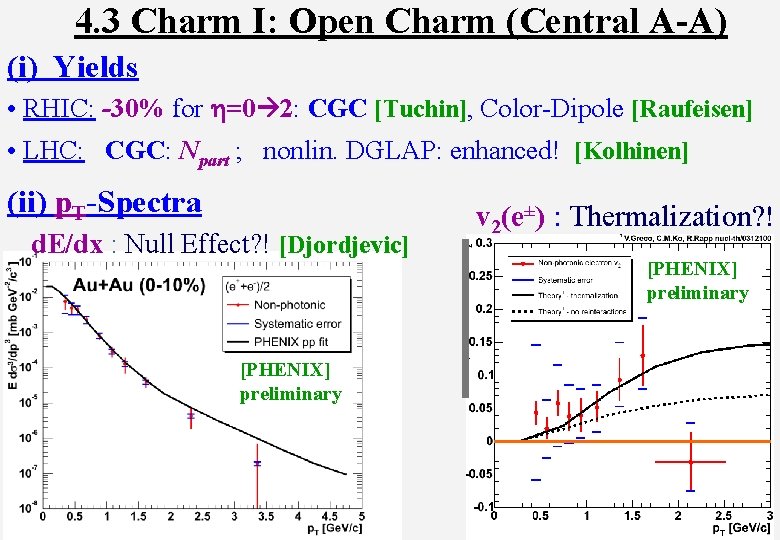 4. 3 Charm I: Open Charm (Central A-A) (i) Yields • RHIC: -30% for