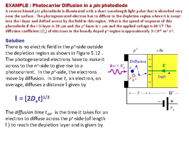 EXAMPLE : Photocarrier Diffusion in a pin photodiode A reverse biased pin photodiode is