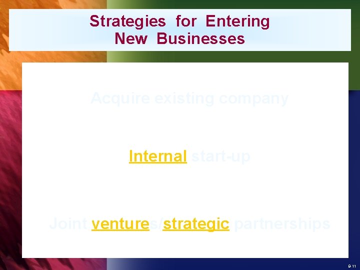 Strategies for Entering New Businesses Acquire existing company Internal start-up Joint ventures/strategic partnerships 9