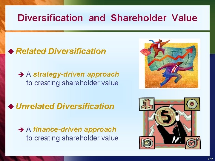 Diversification and Shareholder Value u Related Diversification èA strategy-driven approach to creating shareholder value