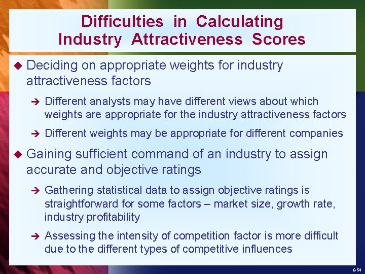 Difficulties in Calculating Industry Attractiveness Scores u Deciding on appropriate weights for industry attractiveness