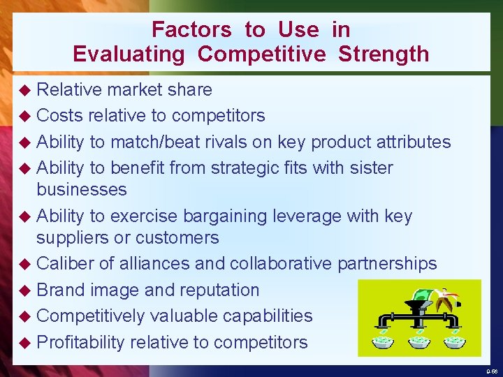 Factors to Use in Evaluating Competitive Strength u Relative market share u Costs relative