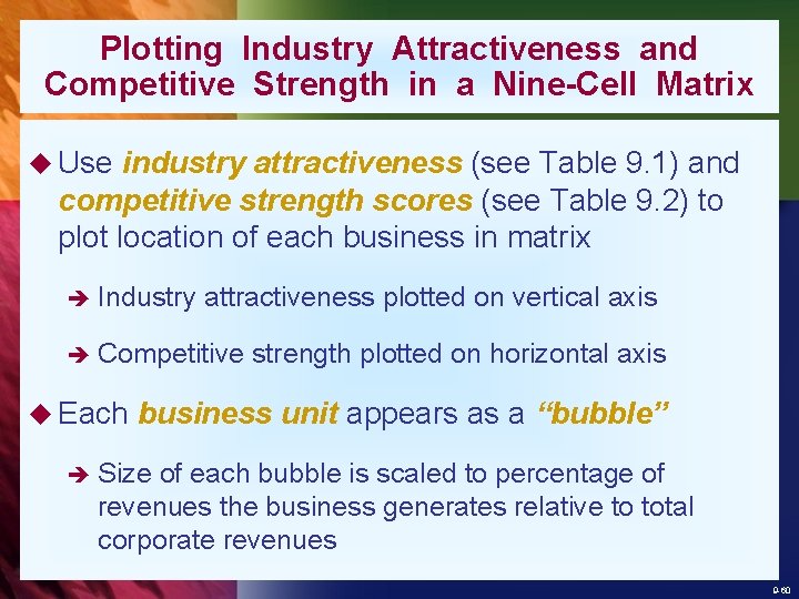 Plotting Industry Attractiveness and Competitive Strength in a Nine-Cell Matrix u Use industry attractiveness