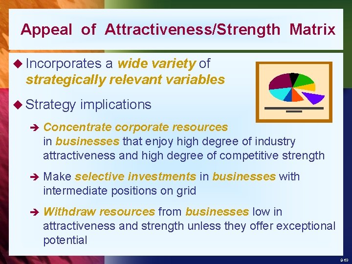 Appeal of Attractiveness/Strength Matrix u Incorporates a wide variety of strategically relevant variables u