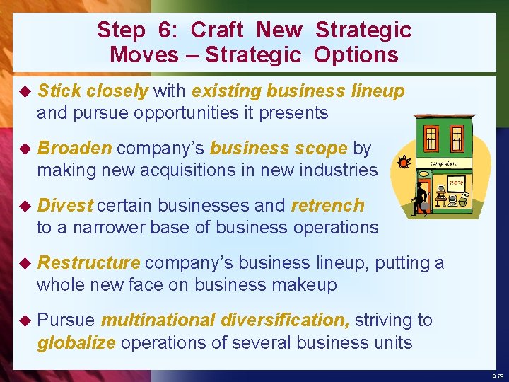 Step 6: Craft New Strategic Moves – Strategic Options u Stick closely with existing