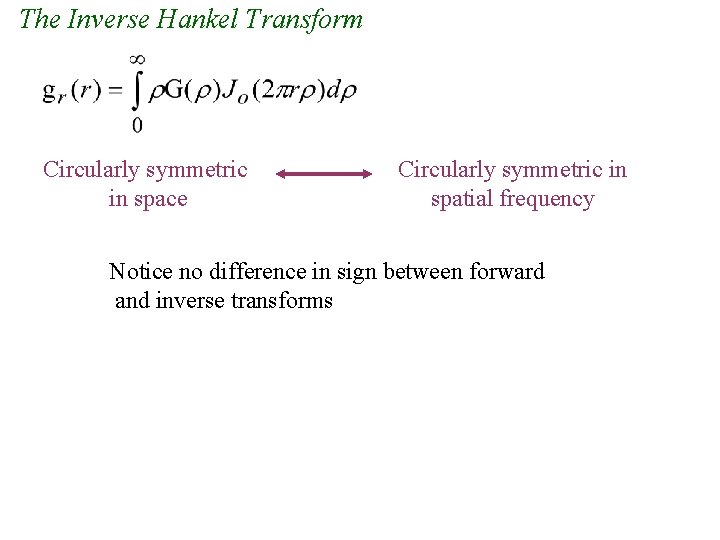 The Inverse Hankel Transform Circularly symmetric in space Circularly symmetric in spatial frequency Notice