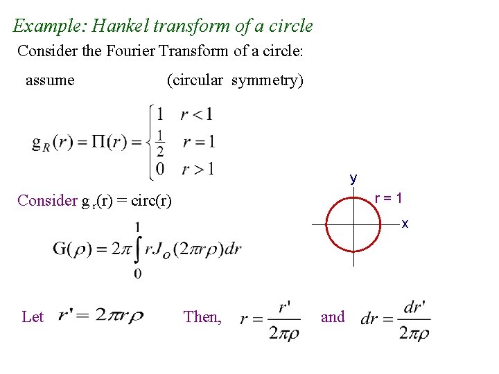 Example: Hankel transform of a circle Consider the Fourier Transform of a circle: assume