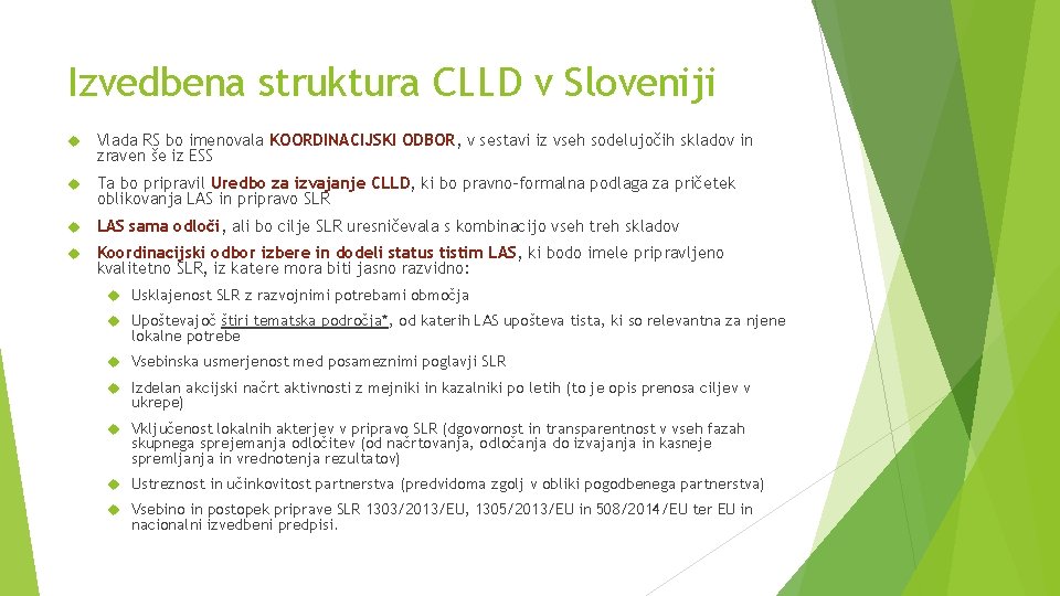 Izvedbena struktura CLLD v Sloveniji Vlada RS bo imenovala KOORDINACIJSKI ODBOR, v sestavi iz