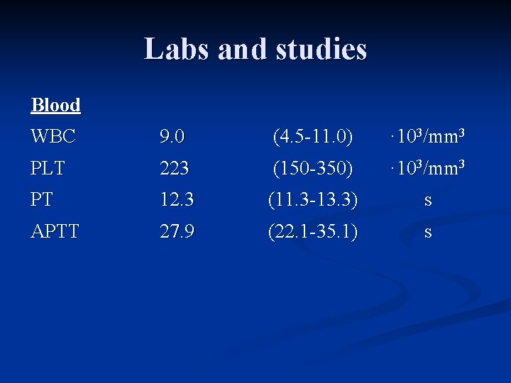 Labs and studies Blood WBC 9. 0 (4. 5 -11. 0) · 103/mm 3