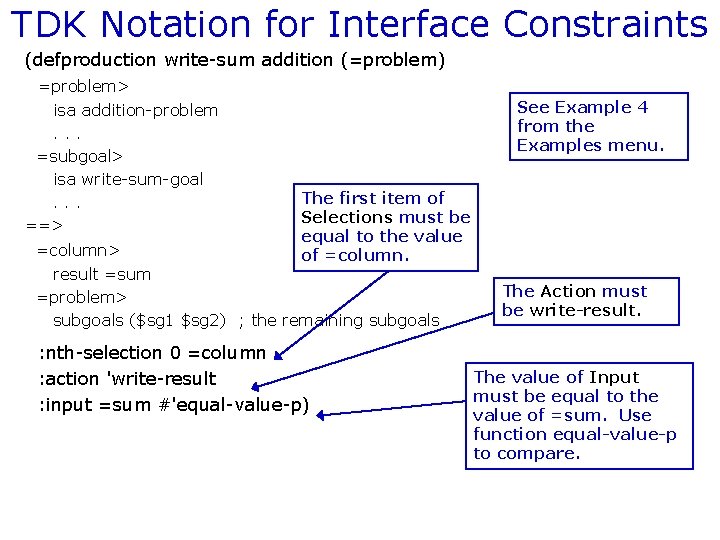 TDK Notation for Interface Constraints (defproduction write-sum addition (=problem) =problem> isa addition-problem. . .