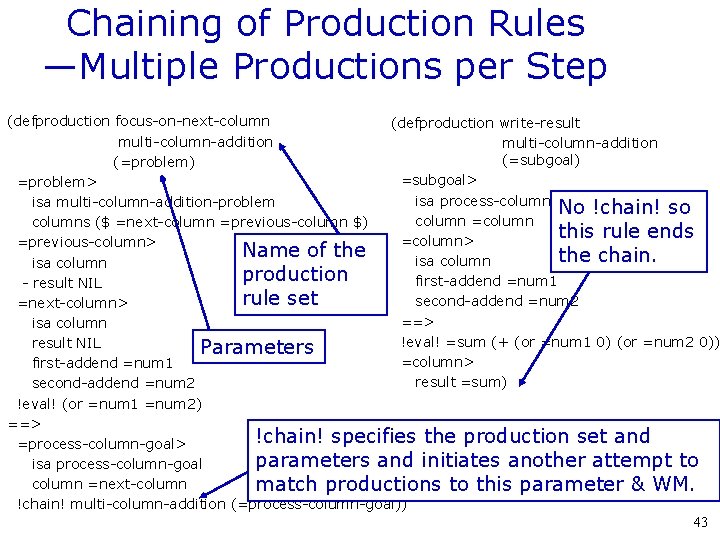 Chaining of Production Rules —Multiple Productions per Step (defproduction focus-on-next-column (defproduction write-result multi-column-addition (=subgoal)