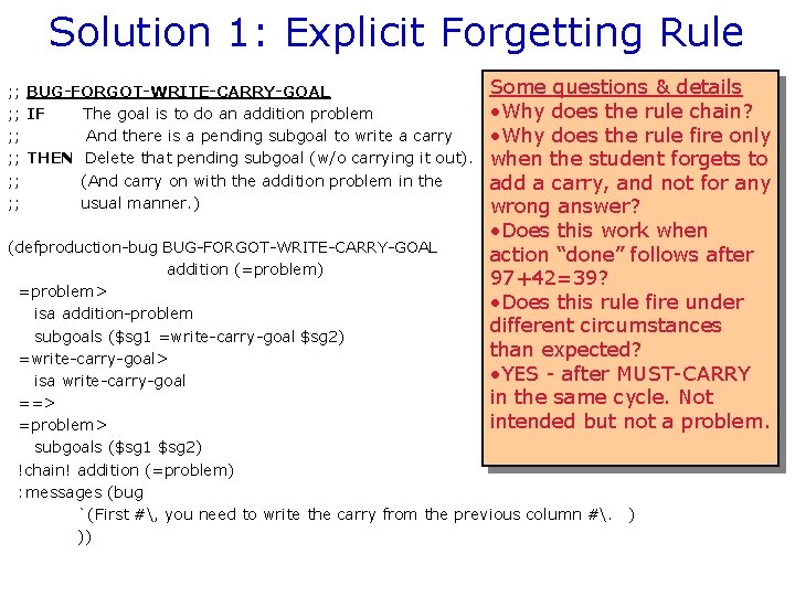 Solution 1: Explicit Forgetting Rule ; ; BUG-FORGOT-WRITE-CARRY-GOAL ; ; IF The goal is