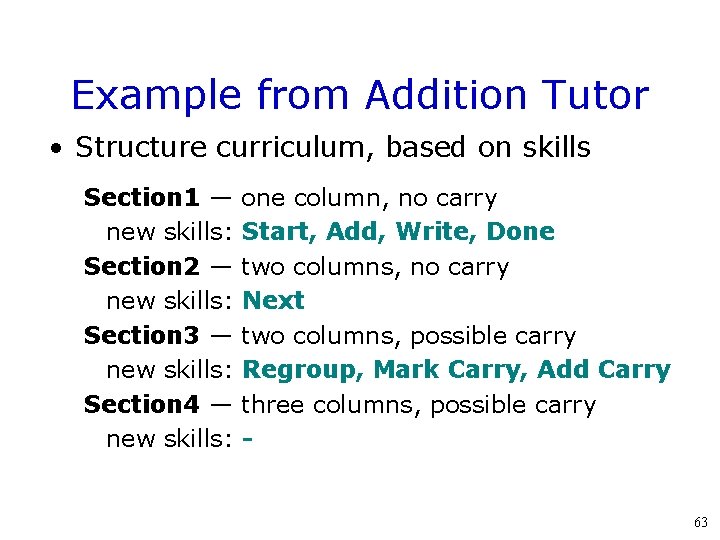 Example from Addition Tutor • Structure curriculum, based on skills Section 1 — new