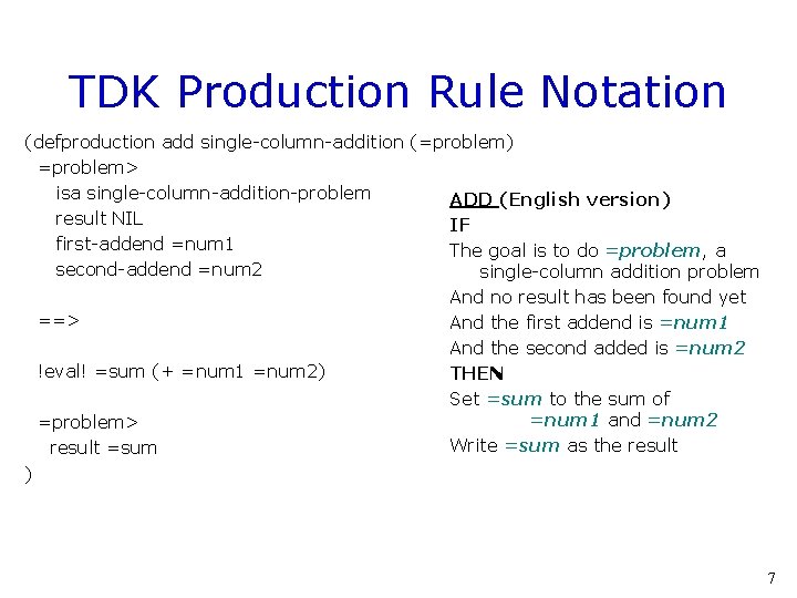 TDK Production Rule Notation (defproduction add single-column-addition (=problem) =problem> isa single-column-addition-problem ADD (English version)