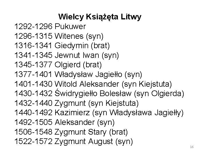 Wielcy Książęta Litwy 1292 -1296 Pukuwer 1296 -1315 Witenes (syn) 1316 -1341 Giedymin (brat)