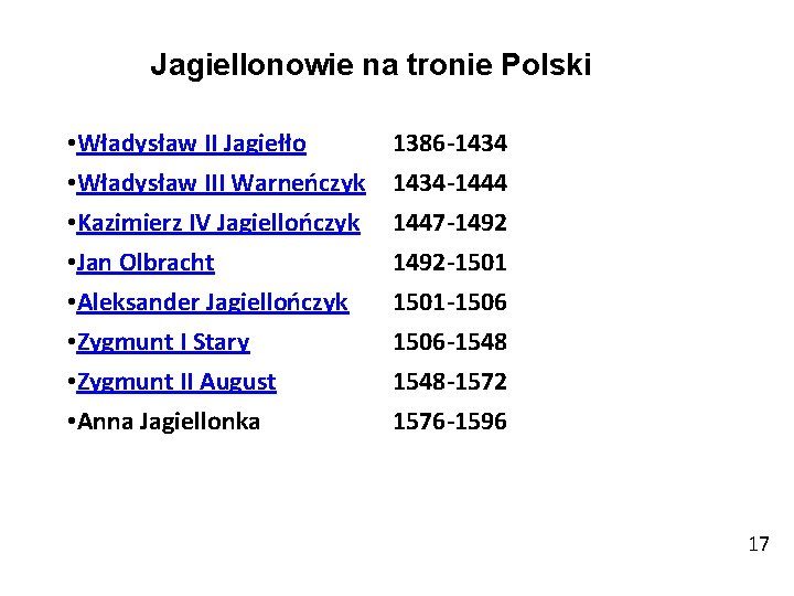 Jagiellonowie na tronie Polski • Władysław II Jagiełło • Władysław III Warneńczyk • Kazimierz