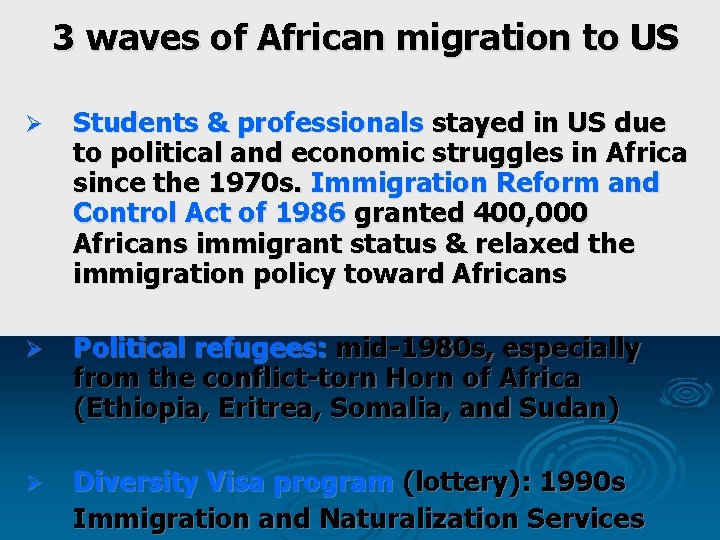 3 waves of African migration to US Ø Students & professionals stayed in US