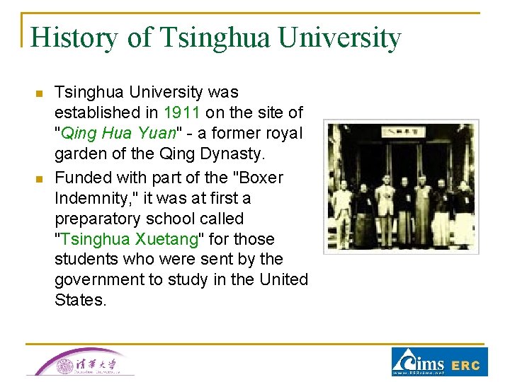 History of Tsinghua University n n Tsinghua University was established in 1911 on the History of Tsinghua University n n Tsinghua University was established in 1911 on the