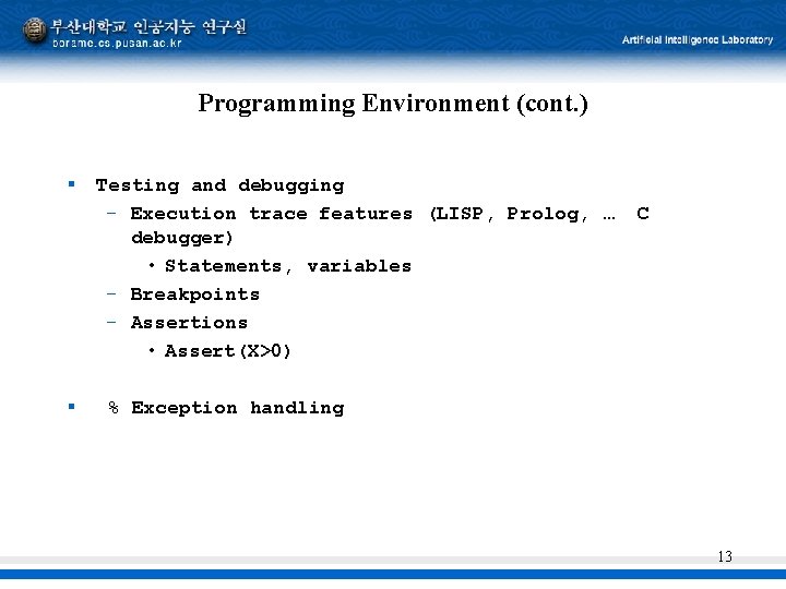 Programming Environment (cont. ) § § Testing and debugging – Execution trace features (LISP,