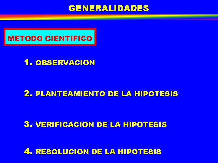 GENERALIDADES METODO CIENTIFICO 1. OBSERVACION 2. PLANTEAMIENTO DE LA HIPOTESIS 3. VERIFICACION DE LA GENERALIDADES METODO CIENTIFICO 1. OBSERVACION 2. PLANTEAMIENTO DE LA HIPOTESIS 3. VERIFICACION DE LA