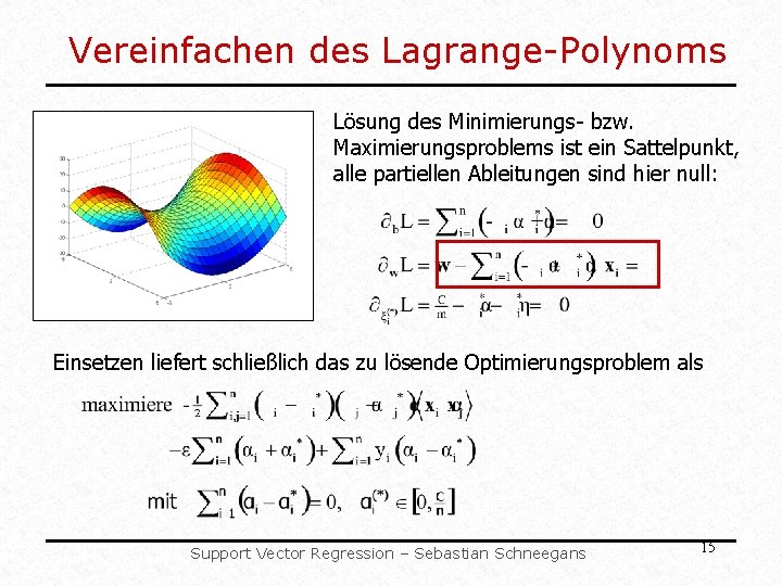 Vereinfachen des Lagrange-Polynoms Lösung des Minimierungs- bzw. Maximierungsproblems ist ein Sattelpunkt, alle partiellen Ableitungen Vereinfachen des Lagrange-Polynoms Lösung des Minimierungs- bzw. Maximierungsproblems ist ein Sattelpunkt, alle partiellen Ableitungen