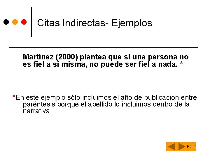 Citas Indirectas- Ejemplos Martínez (2000) plantea que si una persona no es fiel a