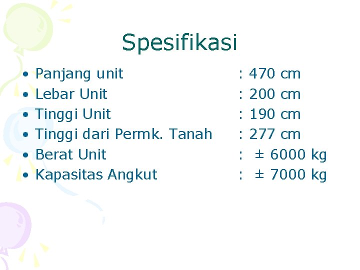 Spesifikasi • • • Panjang unit Lebar Unit Tinggi dari Permk. Tanah Berat Unit