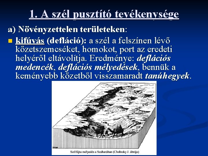 1. A szél pusztító tevékenysége a) Növényzettelen területeken: n kifúvás (defláció): a szél a