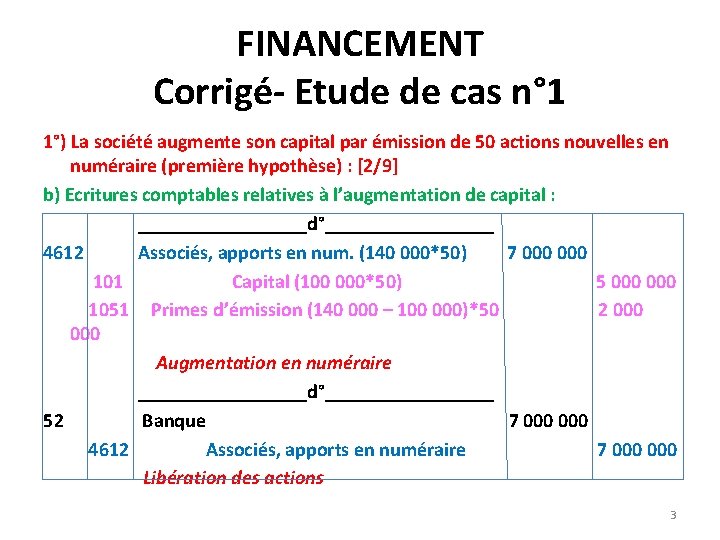 FINANCEMENT Corrigé- Etude de cas n° 1 1°) La société augmente son capital par FINANCEMENT Corrigé- Etude de cas n° 1 1°) La société augmente son capital par