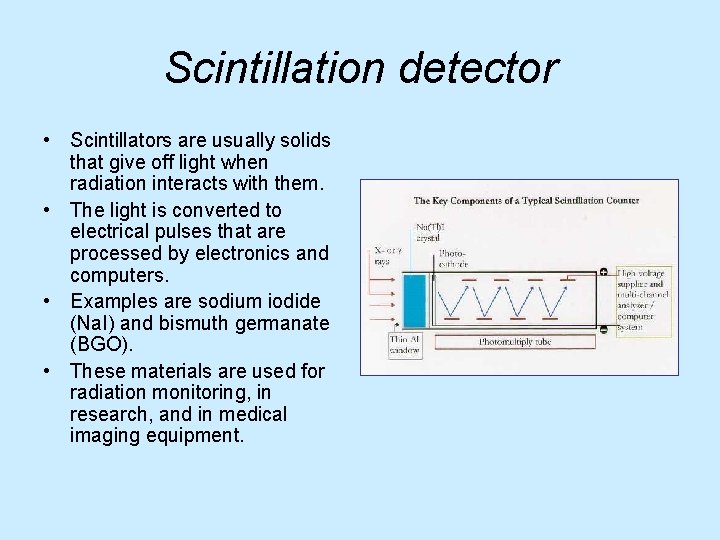 Scintillation detector • Scintillators are usually solids that give off light when radiation interacts