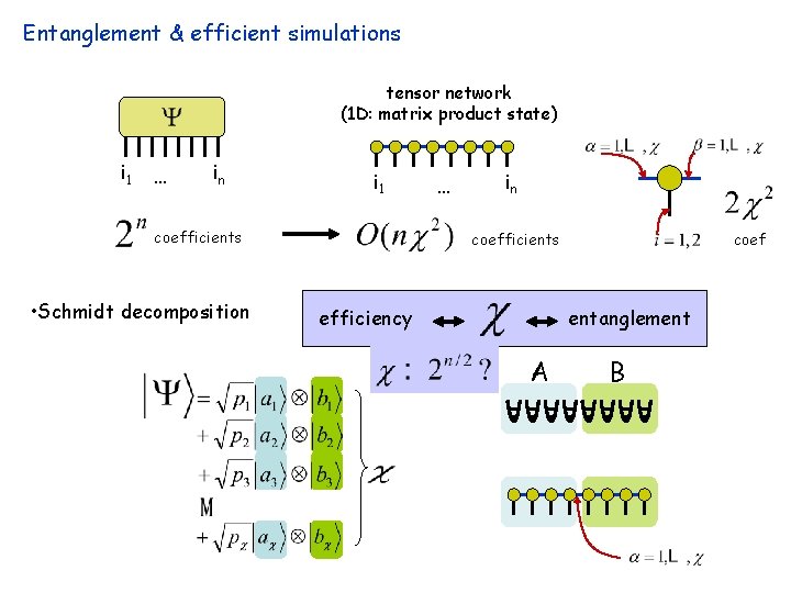 Entanglement & efficient simulations tensor network (1 D: matrix product state) i 1 …