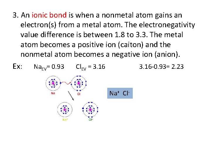 3. An ionic bond is when a nonmetal atom gains an electron(s) from a