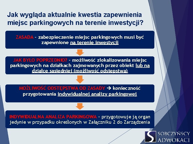 Jak wygląda aktualnie kwestia zapewnienia miejsc parkingowych na terenie inwestycji? ZASADA – zabezpieczenie miejsc