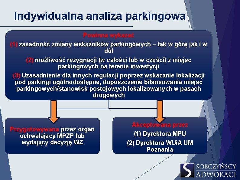 Indywidualna analiza parkingowa Powinna wykazać (1) zasadność zmiany wskaźników parkingowych – tak w górę