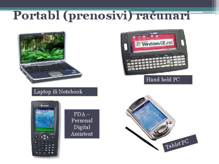 Portabl (prenosivi) računari Hand held PC Laptop ili Notebook PDA – Personal Digital Assistent