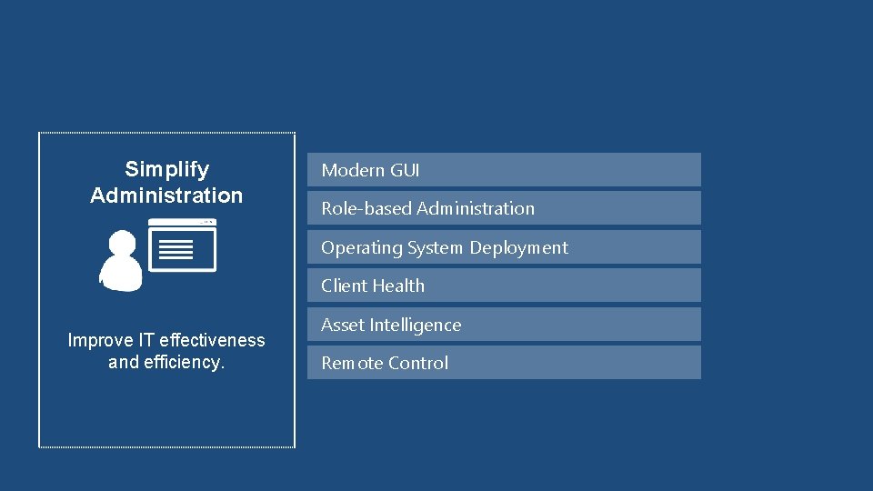 Simplify Administration Modern GUI Role-based Administration Operating System Deployment Client Health Improve IT effectiveness