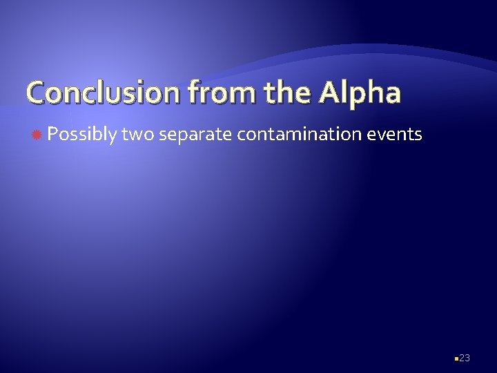 Conclusion from the Alpha Possibly two separate contamination events n 23 